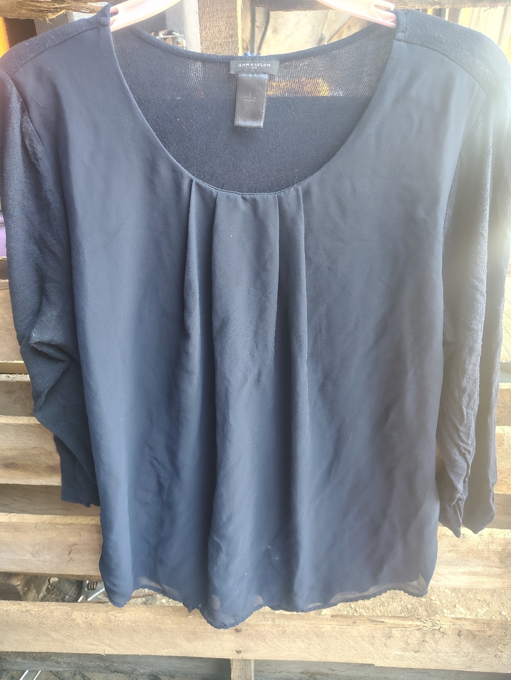 Ann Taylor Navy Blue Pleated Scoop Neck Blouse